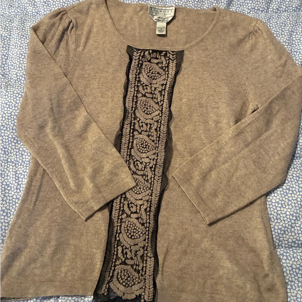 Talbots Collection szS Beige Knit Top with Black Lace Accents 30% Cashmere